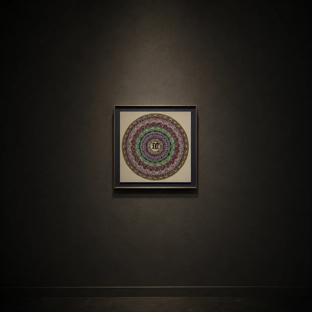 Framed lotus mandala on a dark gallery wall
